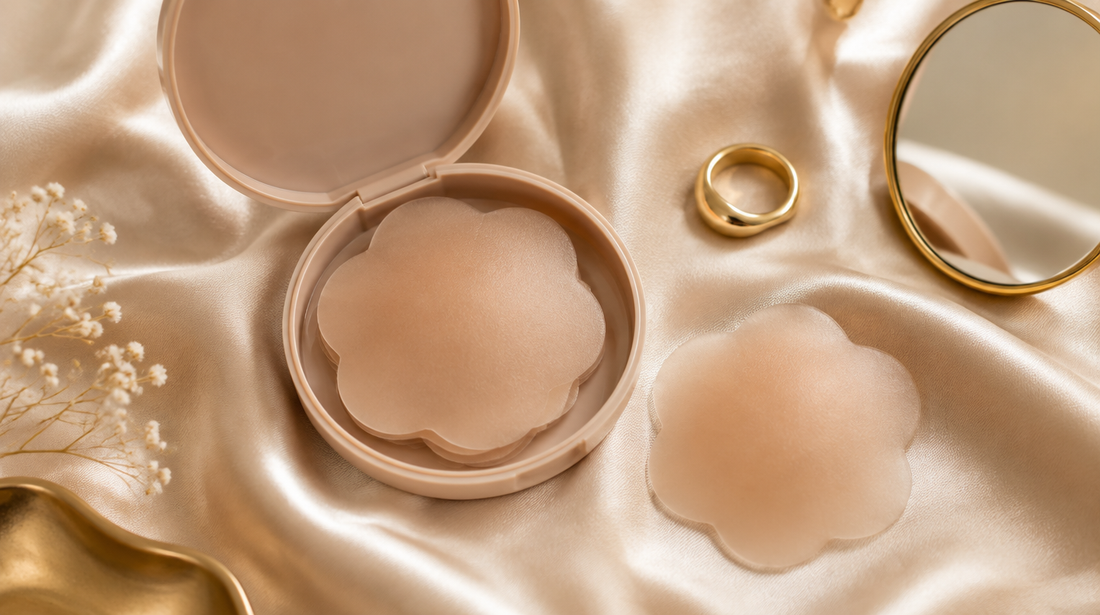 Cache-tétons en silicone réutilisables posés sur du satin champagne