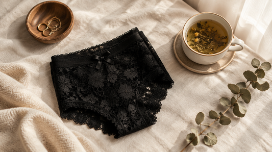 Culotte menstruelle en dentelle noire pliée sur du lin crème