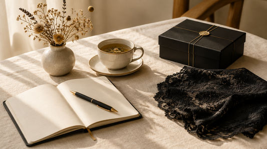 Carnet ouvert, tisane et coffret noir sur une table en lin crème