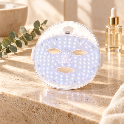 Masque LED BAGOO posé sur une vasque en travertin