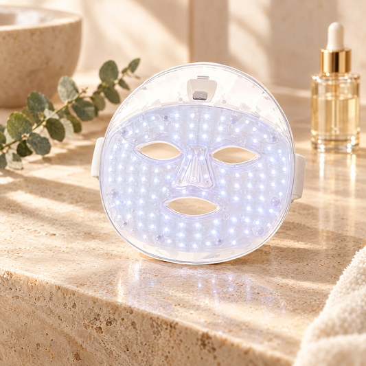 Masque LED BAGOO posé sur une vasque en travertin
