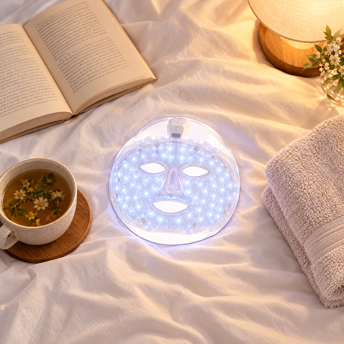 Rituel du soir avec le masque LED BAGOO, livre et tisane