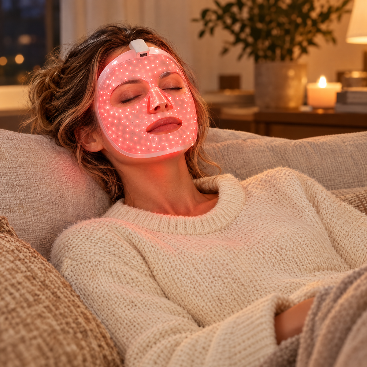 Femme se relaxant sur un canapé avec le masque LED BAGOO
