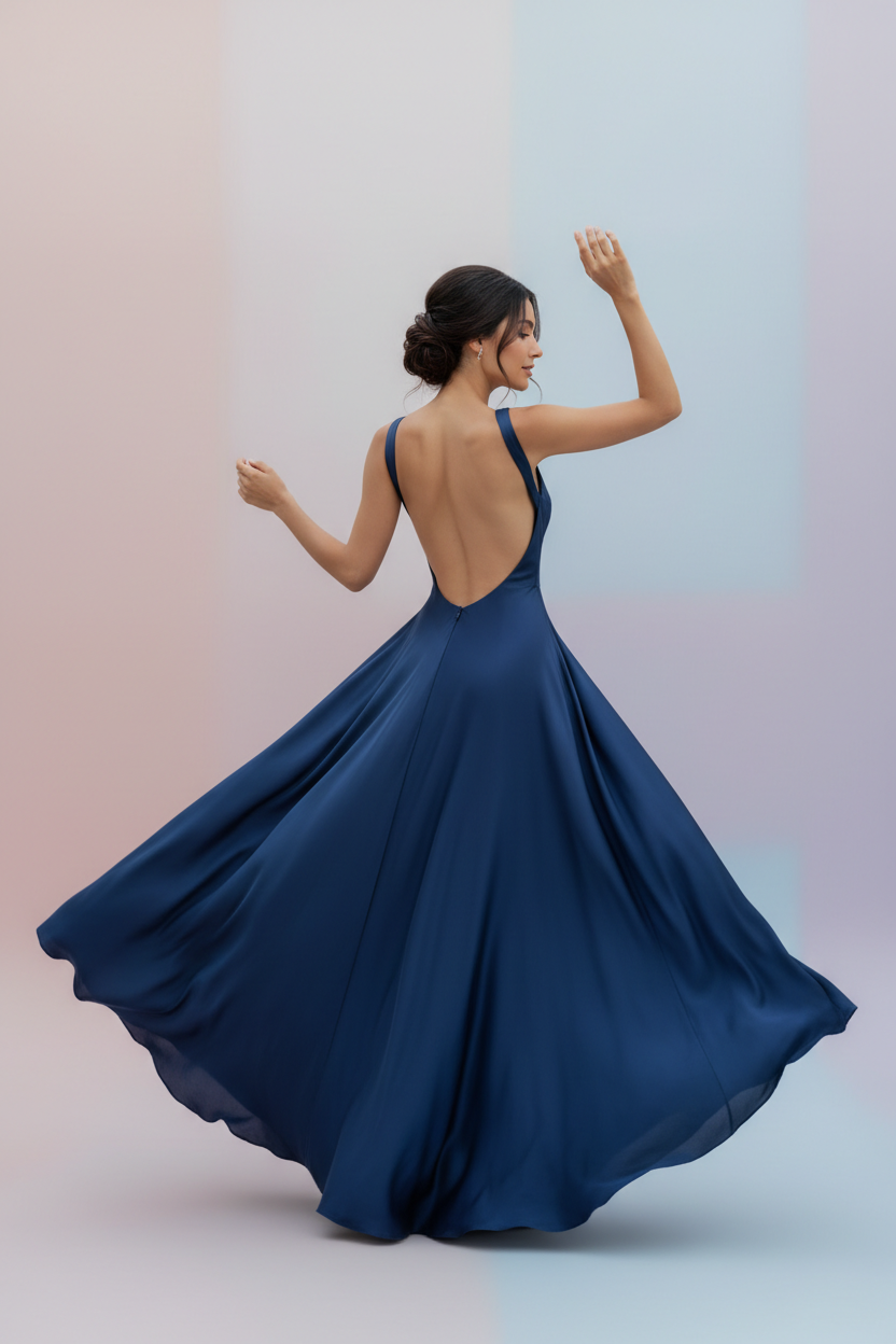 Femme en robe dos nu élégante, silhouette naturelle et discrète